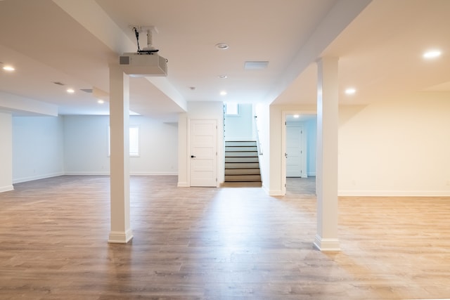 basement with light wood-type flooring