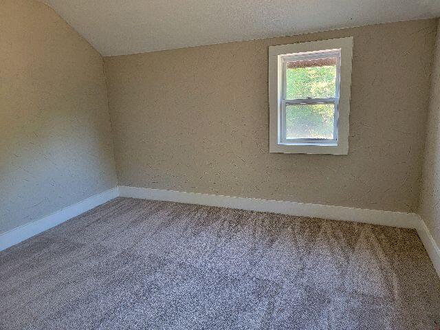 spare room featuring carpet flooring, a textured ceiling, and vaulted ceiling