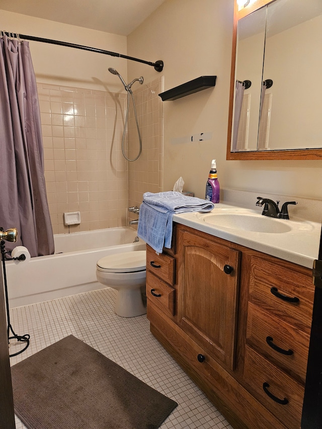 full bathroom with tile patterned flooring, vanity, toilet, and shower / bath combo with shower curtain