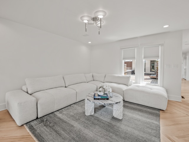 living room with parquet flooring