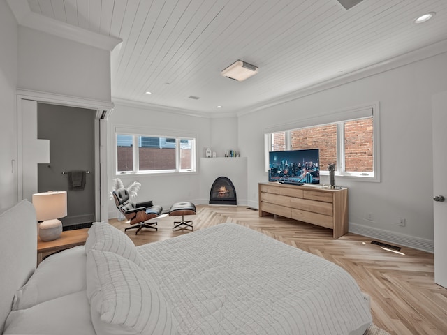 bedroom featuring light parquet flooring, wooden ceiling, and ornamental molding