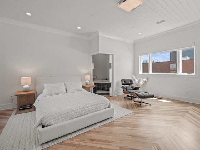 bedroom with light parquet floors and ornamental molding