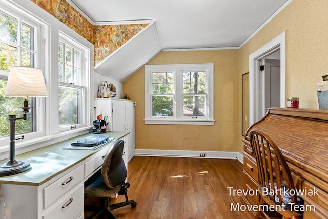 office space featuring ornamental molding, dark wood-type flooring, a wealth of natural light, and vaulted ceiling