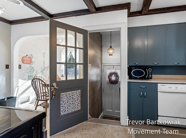 kitchen with white dishwasher, pendant lighting, blue cabinets, and beamed ceiling