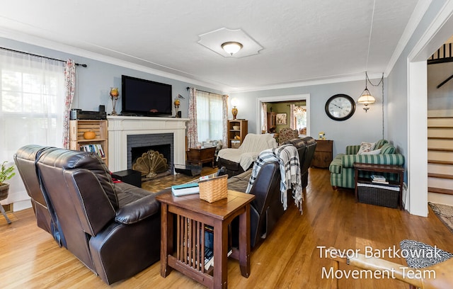 living room with ornamental molding and hardwood / wood-style flooring