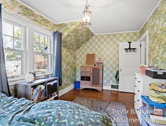 bedroom with crown molding and dark hardwood / wood-style floors