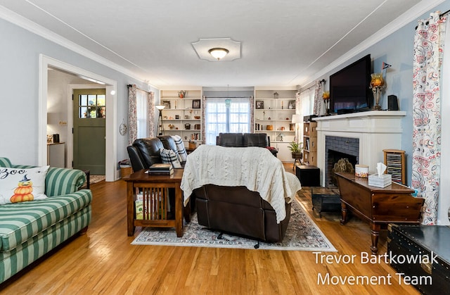 living room featuring hardwood / wood-style flooring, crown molding, and a fireplace