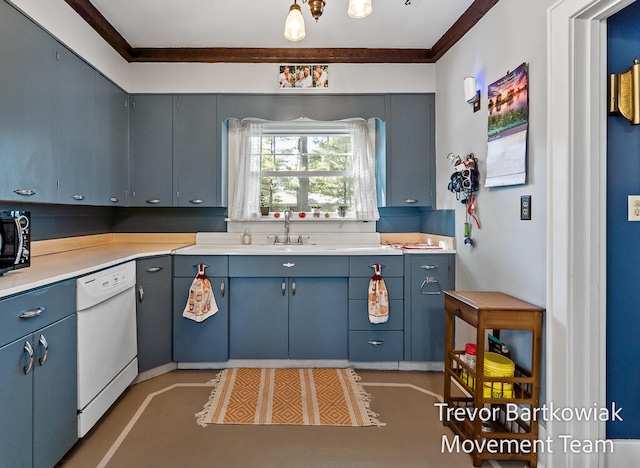 kitchen featuring dishwasher, blue cabinets, ornamental molding, and sink