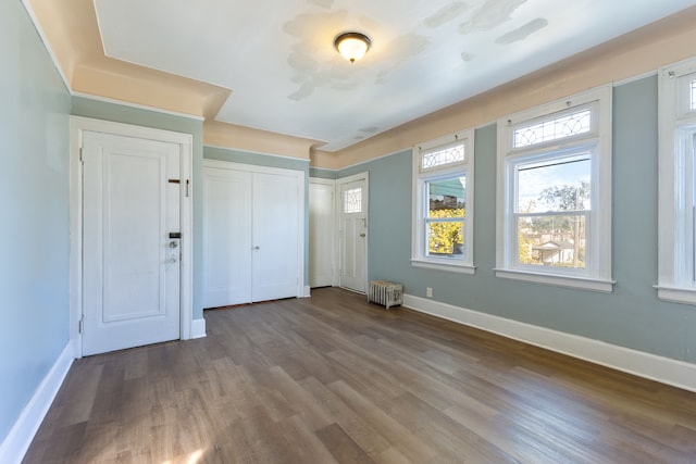 foyer featuring wood-type flooring and radiator