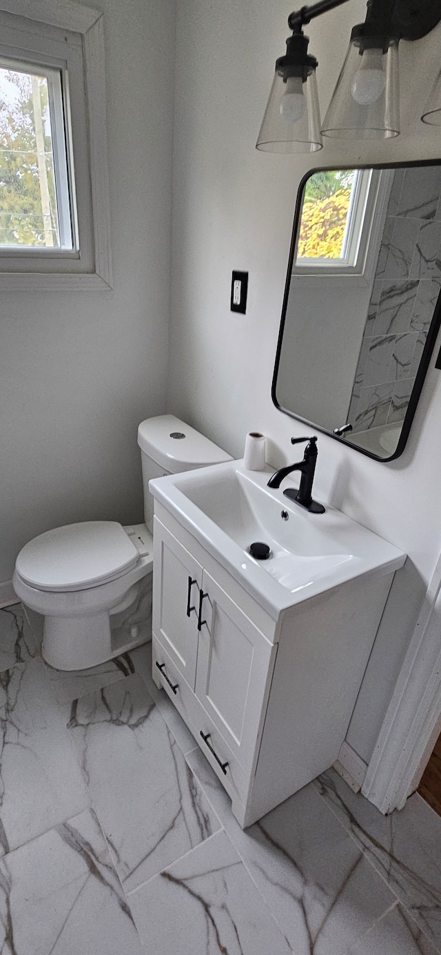 bathroom featuring vanity, toilet, and a healthy amount of sunlight