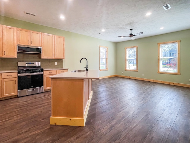 kitchen featuring stainless steel appliances, ceiling fan, a kitchen island with sink, sink, and dark hardwood / wood-style floors