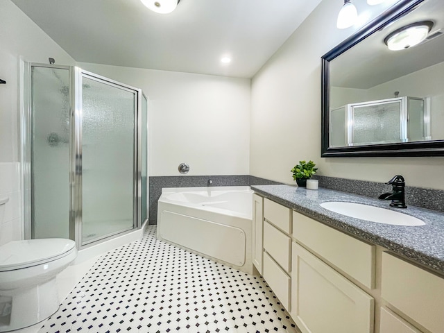 full bathroom with vanity, separate shower and tub, toilet, and tile patterned flooring