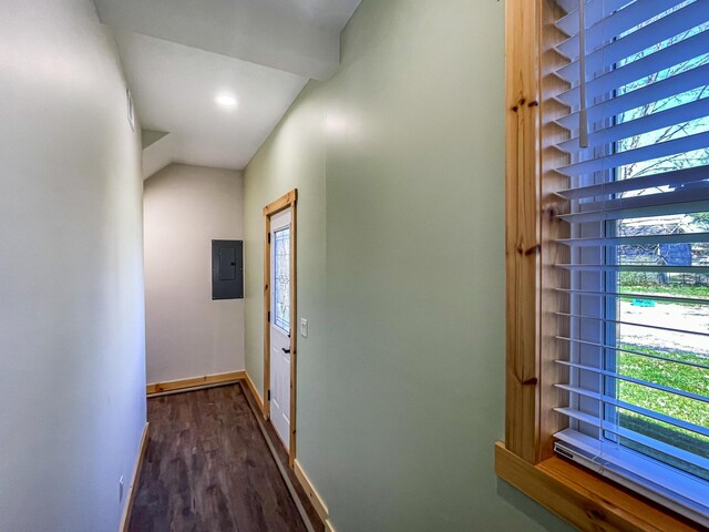 620 S Main St, Wayland, MI 49348 - corridor featuring electric panel, baseboards, and dark wood finished floors