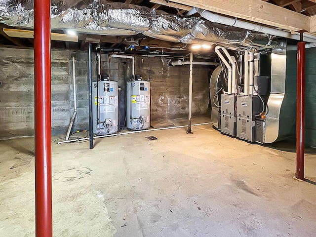 basement with heating unit and water heater