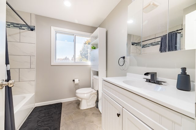 full bathroom with tile patterned floors, shower / tub combo with curtain, vanity, and toilet