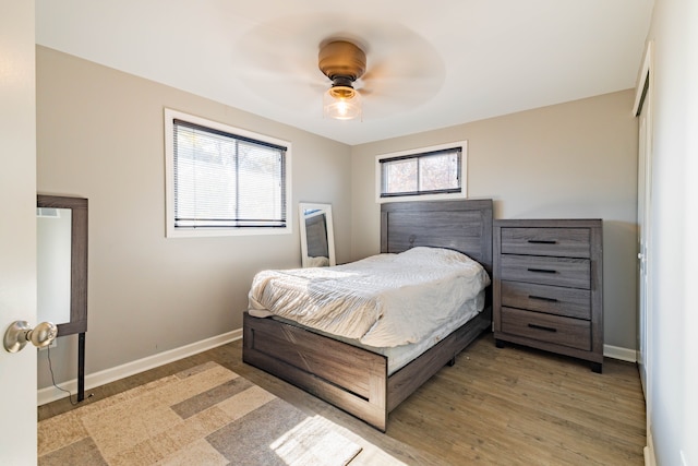 bedroom featuring wood-type flooring, multiple windows, and ceiling fan