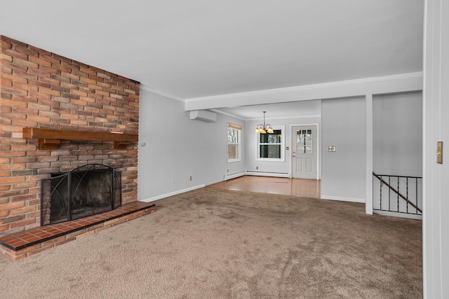 unfurnished living room featuring carpet, a baseboard heating unit, a brick fireplace, ornamental molding, and a wall unit AC