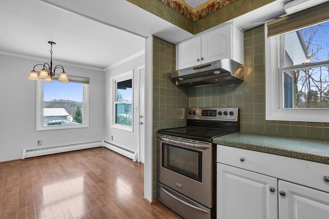 kitchen featuring white cabinetry, hardwood / wood-style flooring, stainless steel electric range, and an inviting chandelier