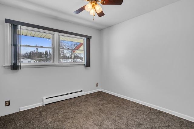 unfurnished room featuring carpet, baseboard heating, and ceiling fan