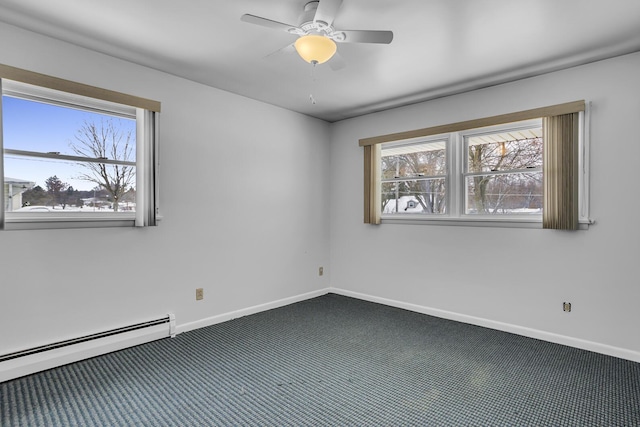 unfurnished room featuring carpet flooring, ceiling fan, and a baseboard radiator