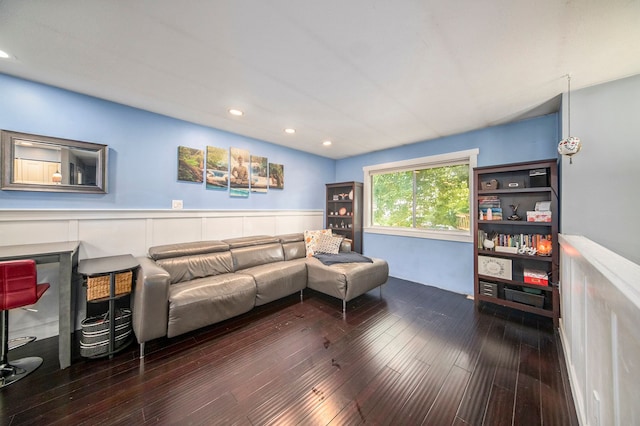 living room featuring dark wood-type flooring