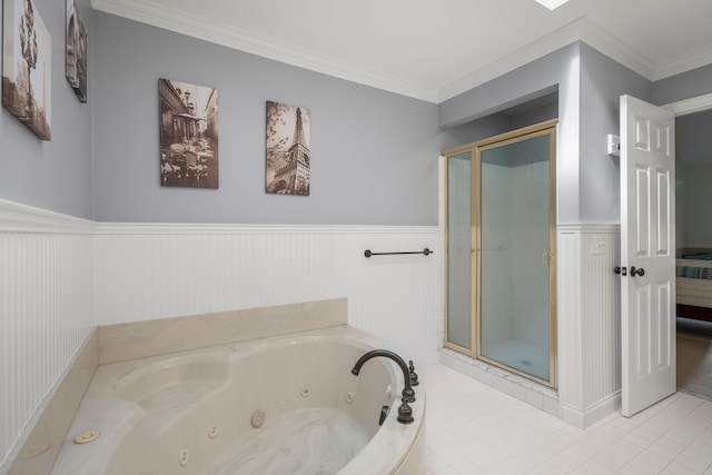 bathroom with tile patterned floors, crown molding, and separate shower and tub