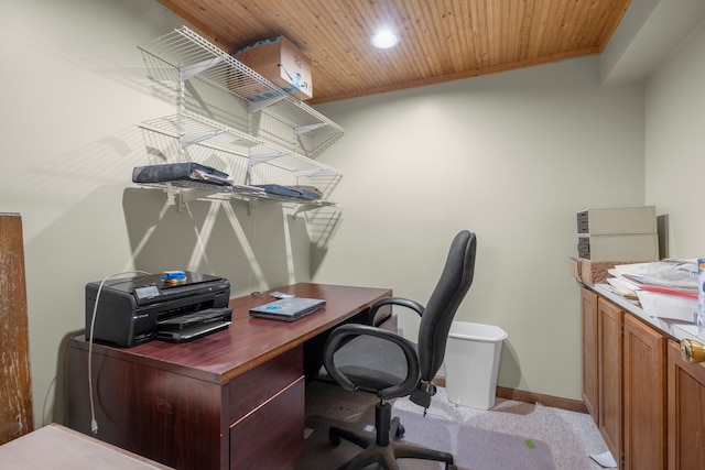 home office featuring a wall unit AC and wood ceiling