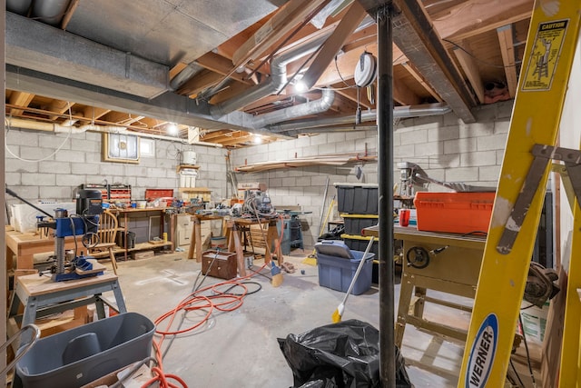 basement with a workshop area