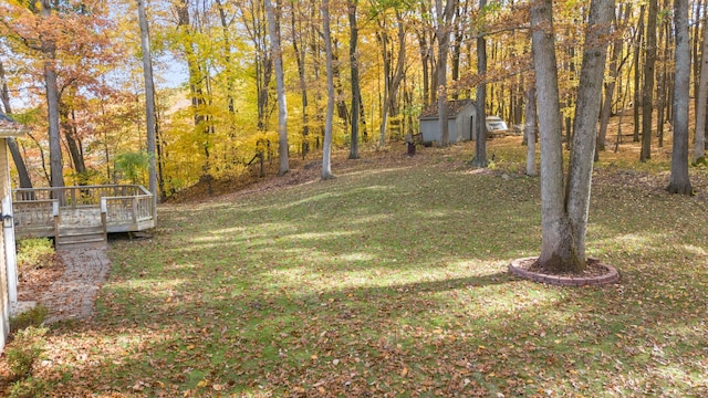 view of yard featuring a deck and a storage unit