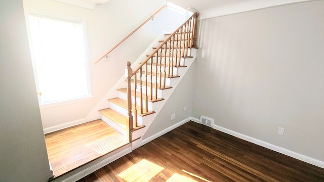 staircase with hardwood / wood-style flooring