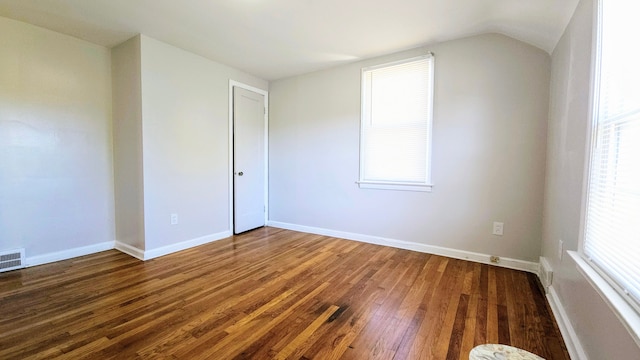 empty room featuring a wealth of natural light, dark hardwood / wood-style flooring, and lofted ceiling