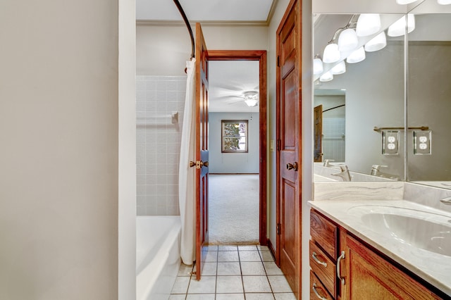 bathroom with tile patterned floors, vanity, shower / bath combination with curtain, and ceiling fan