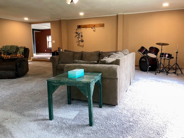 living room featuring carpet and ornamental molding