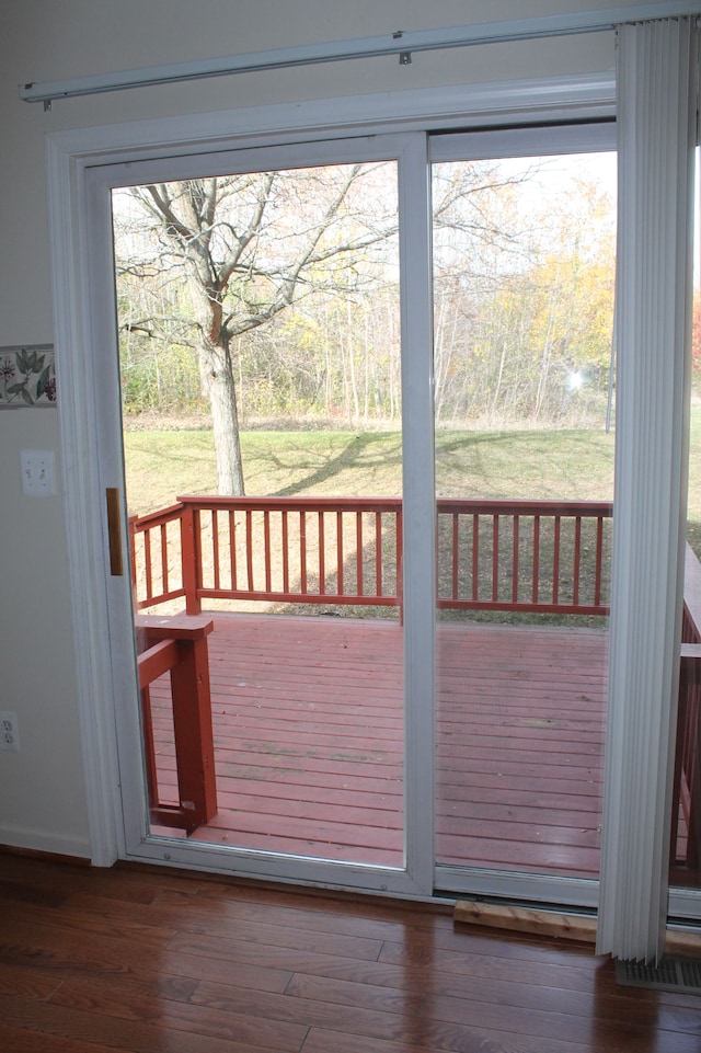 doorway featuring plenty of natural light and dark wood-type flooring