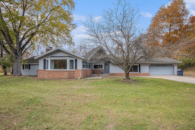 single story home with a garage, brick siding, concrete driveway, and a front yard