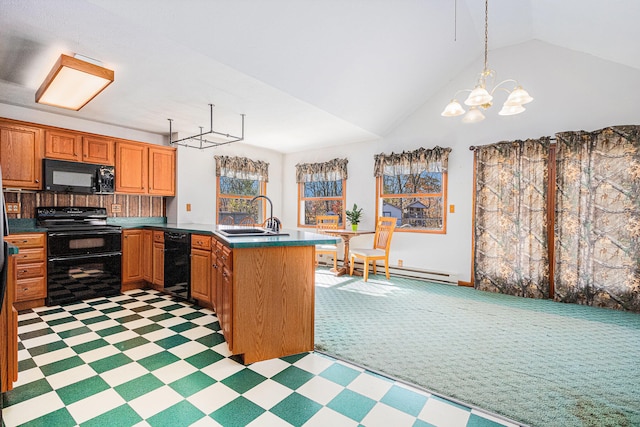 kitchen with vaulted ceiling, sink, black appliances, a baseboard radiator, and hanging light fixtures