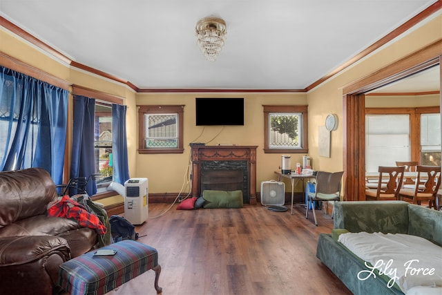 living room with dark hardwood / wood-style floors and crown molding