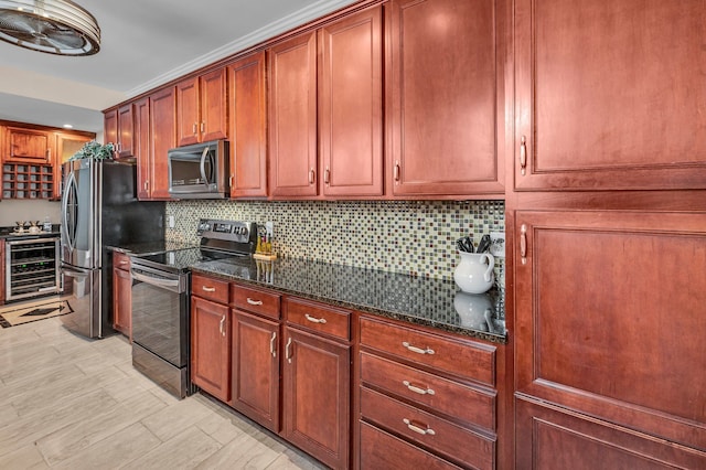 kitchen with decorative backsplash, dark stone countertops, stainless steel appliances, and wine cooler