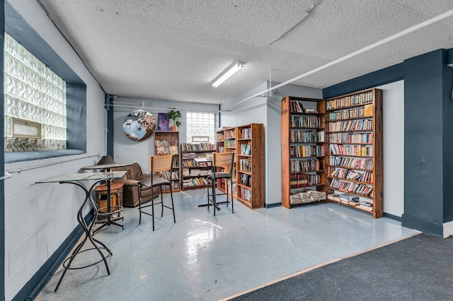 interior space with a textured ceiling