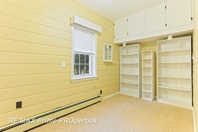 10300 Lange Rd, Birch Run, MI 48415 - carpeted spare room featuring a baseboard radiator and wood walls