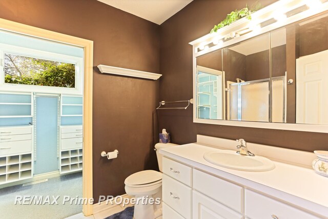 10300 Lange Rd, Birch Run, MI 48415 - bathroom featuring a stall shower, vanity, and toilet