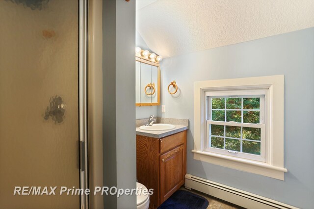 10300 Lange Rd, Birch Run, MI 48415 - bathroom featuring a baseboard heating unit, vanity, toilet, vaulted ceiling, and a shower with shower door