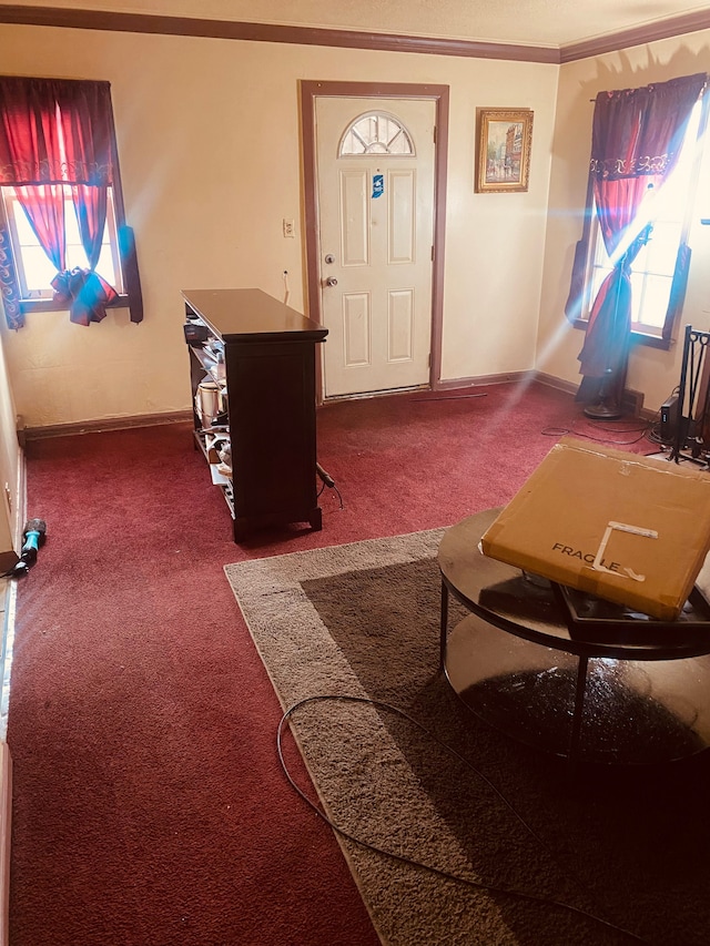 foyer with carpet flooring and crown molding