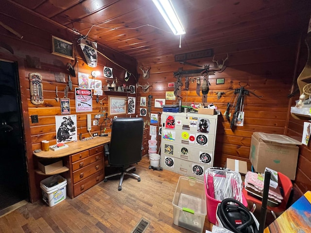 office with wood-type flooring, wooden ceiling, and wooden walls