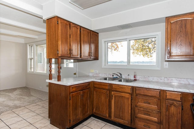 kitchen with plenty of natural light, kitchen peninsula, sink, and light carpet