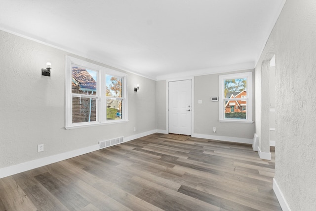 interior space featuring a healthy amount of sunlight, wood-type flooring, and ornamental molding