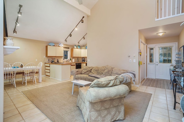 tiled living room with rail lighting and high vaulted ceiling