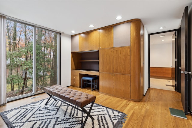 office area with light wood-type flooring and a wall of windows