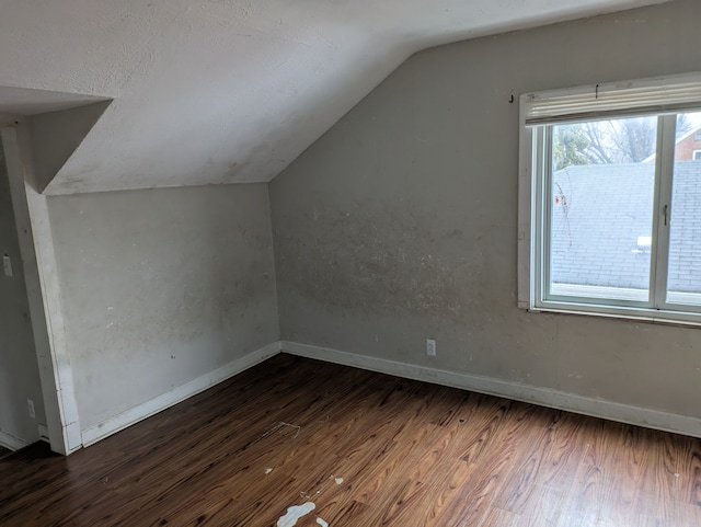 additional living space featuring dark wood-type flooring and lofted ceiling