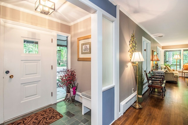 entrance foyer featuring crown molding, dark wood-type flooring, and a baseboard radiator